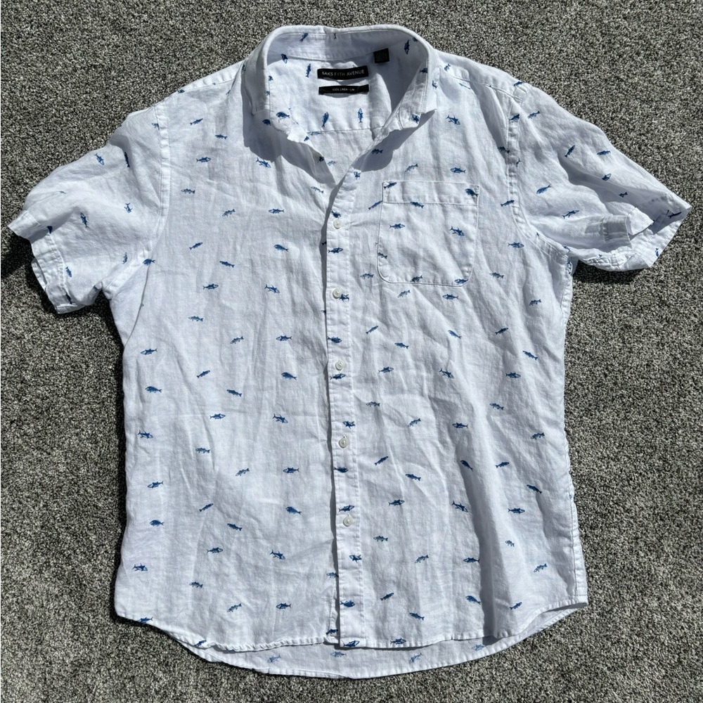 SAKS FIFTH AVENUE Men’s Button Up 100% Linen Short Sleeve Shirt Size Medium